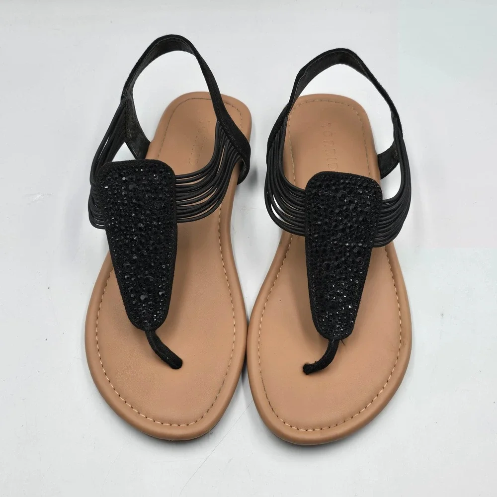 Torrid Sandals Women 10 Rhinestone Thong Slingback Black Elastic Strappy Glam